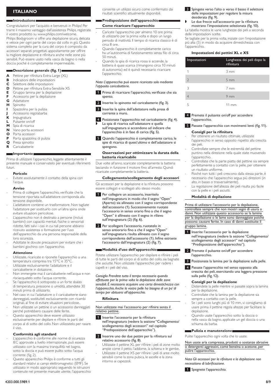 Italiano | Philips BODYGROOM Series 5000 Tondeuse corps User Manual | Page 8 / 9