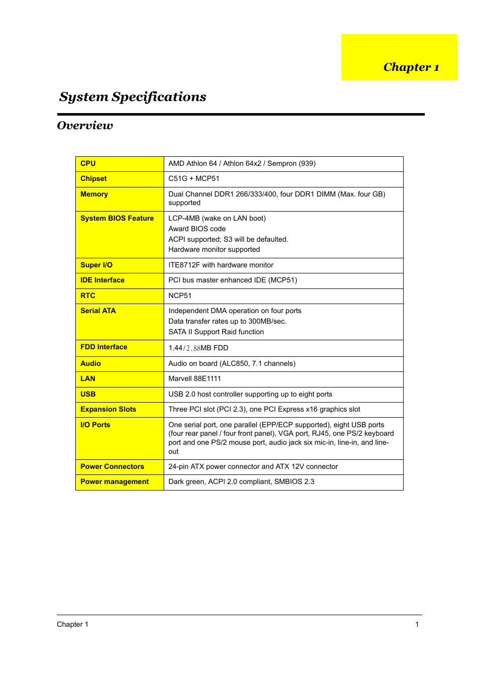 Ch1 system specifications, Overview, System specifications | Chapter 1 | Acer Aspire T160 User Manual | Page 10 / 164