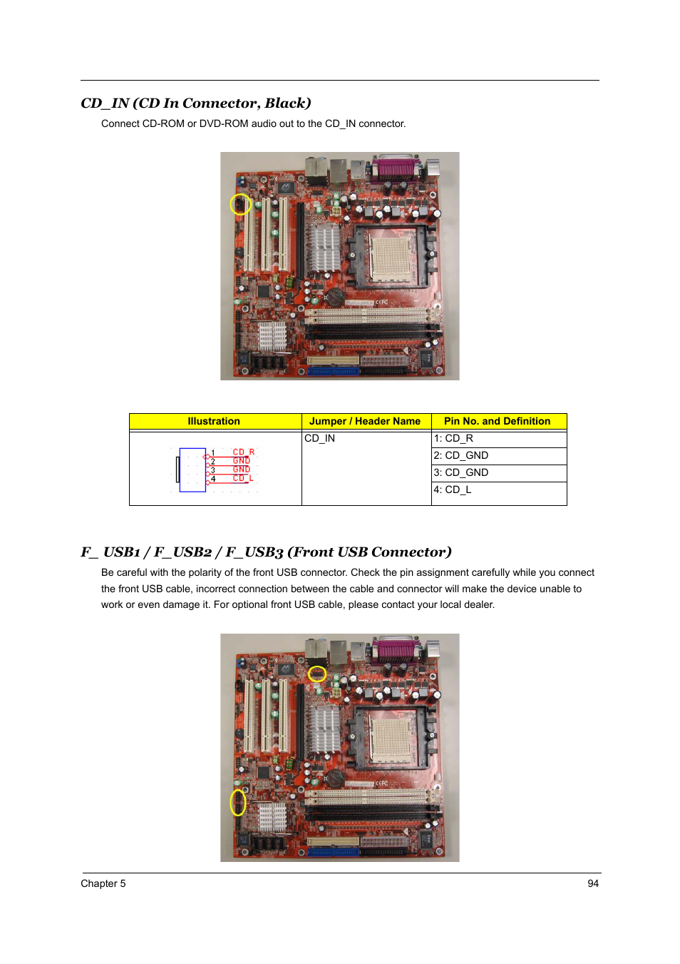 Cd_in (cd in connector, black), F_ usb1 / f_usb2 / f_usb3 (front usb connector) | Acer Aspire T160 User Manual | Page 103 / 164