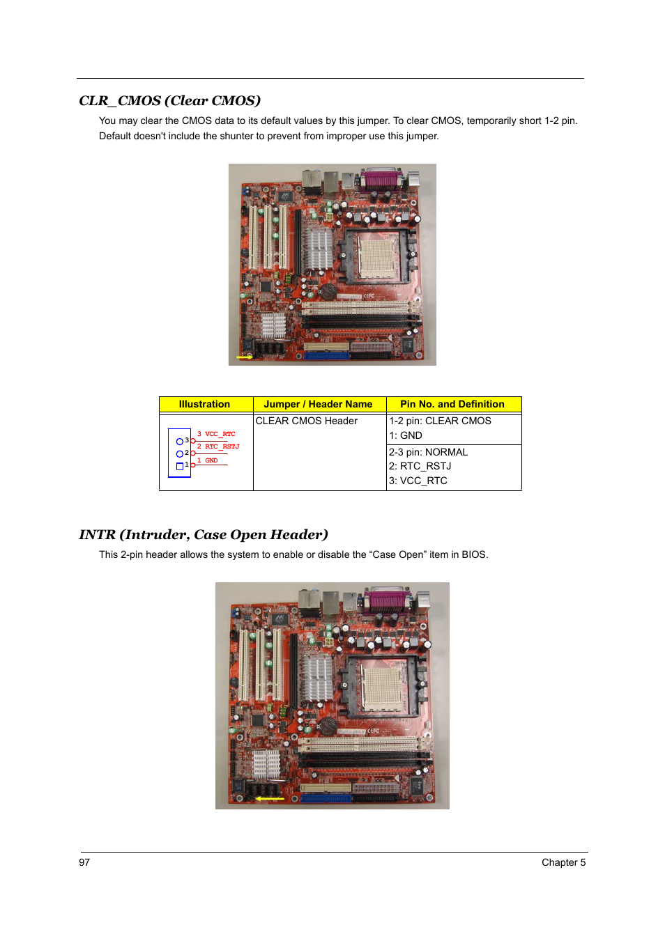 Clr_cmos (clear cmos), Intr (intruder, case open header) | Acer Aspire T160 User Manual | Page 106 / 164