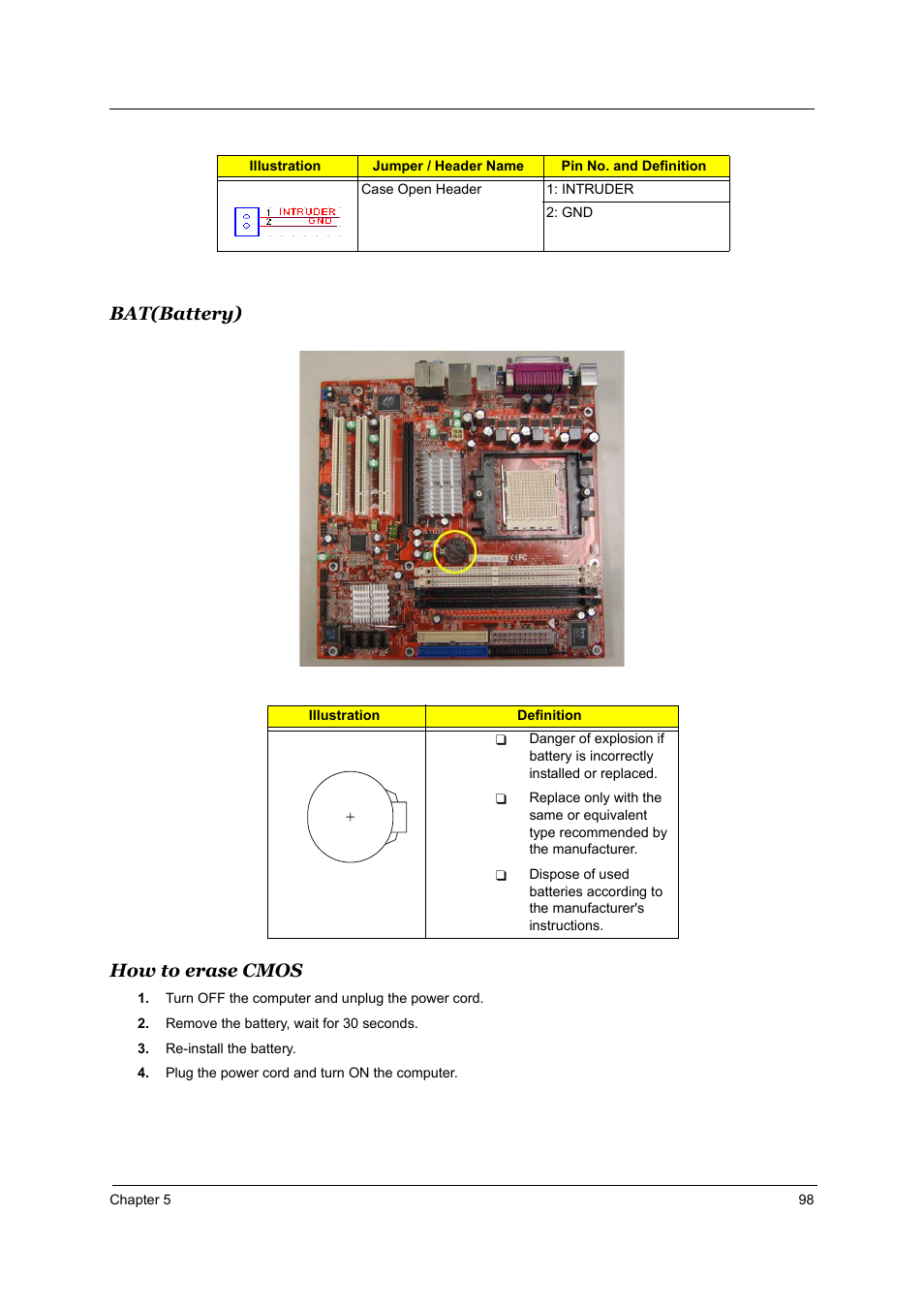 Bat(battery), How to erase cmos, Bat(battery) how to erase cmos | Acer Aspire T160 User Manual | Page 107 / 164