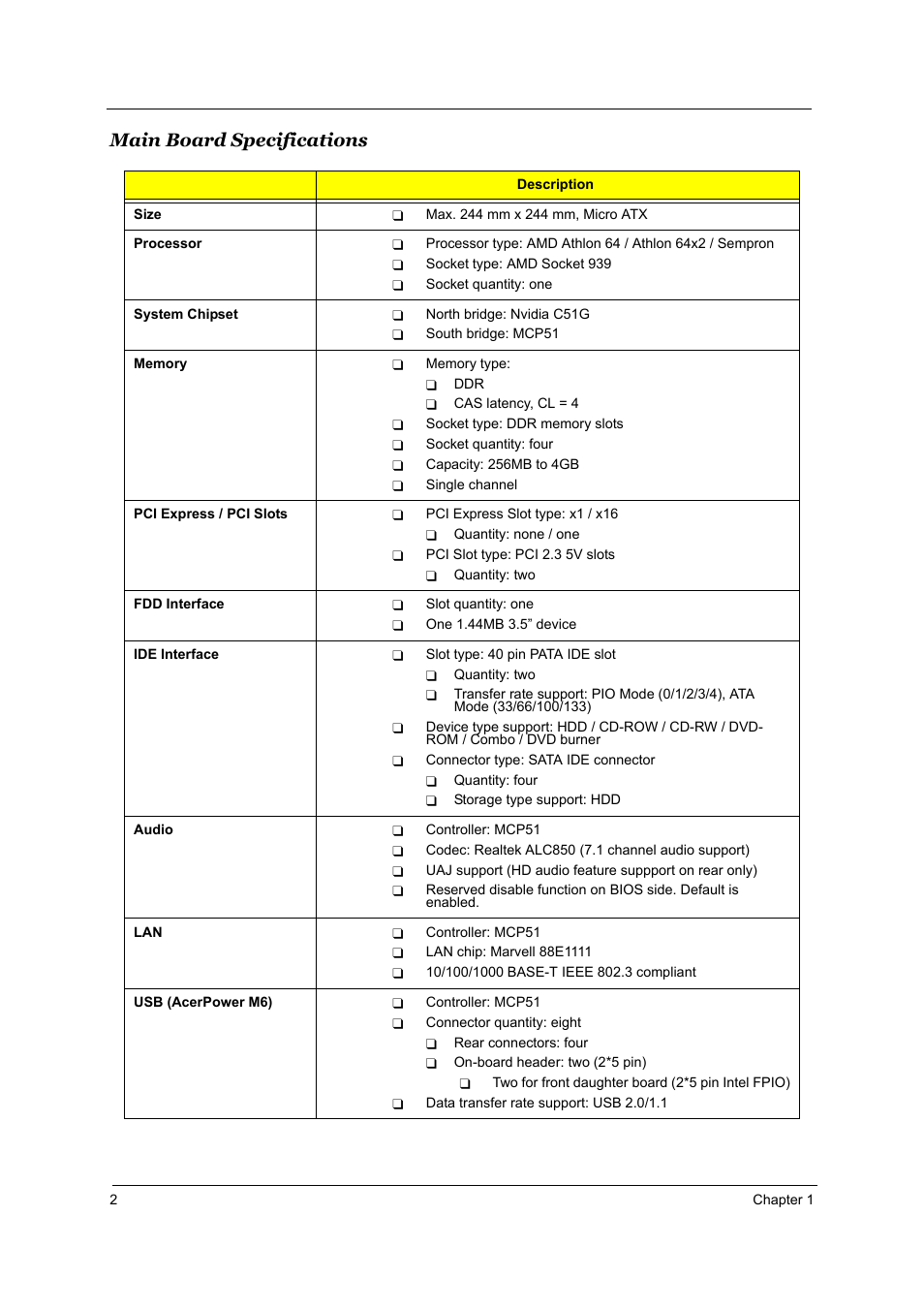 Main board specifications | Acer Aspire T160 User Manual | Page 11 / 164