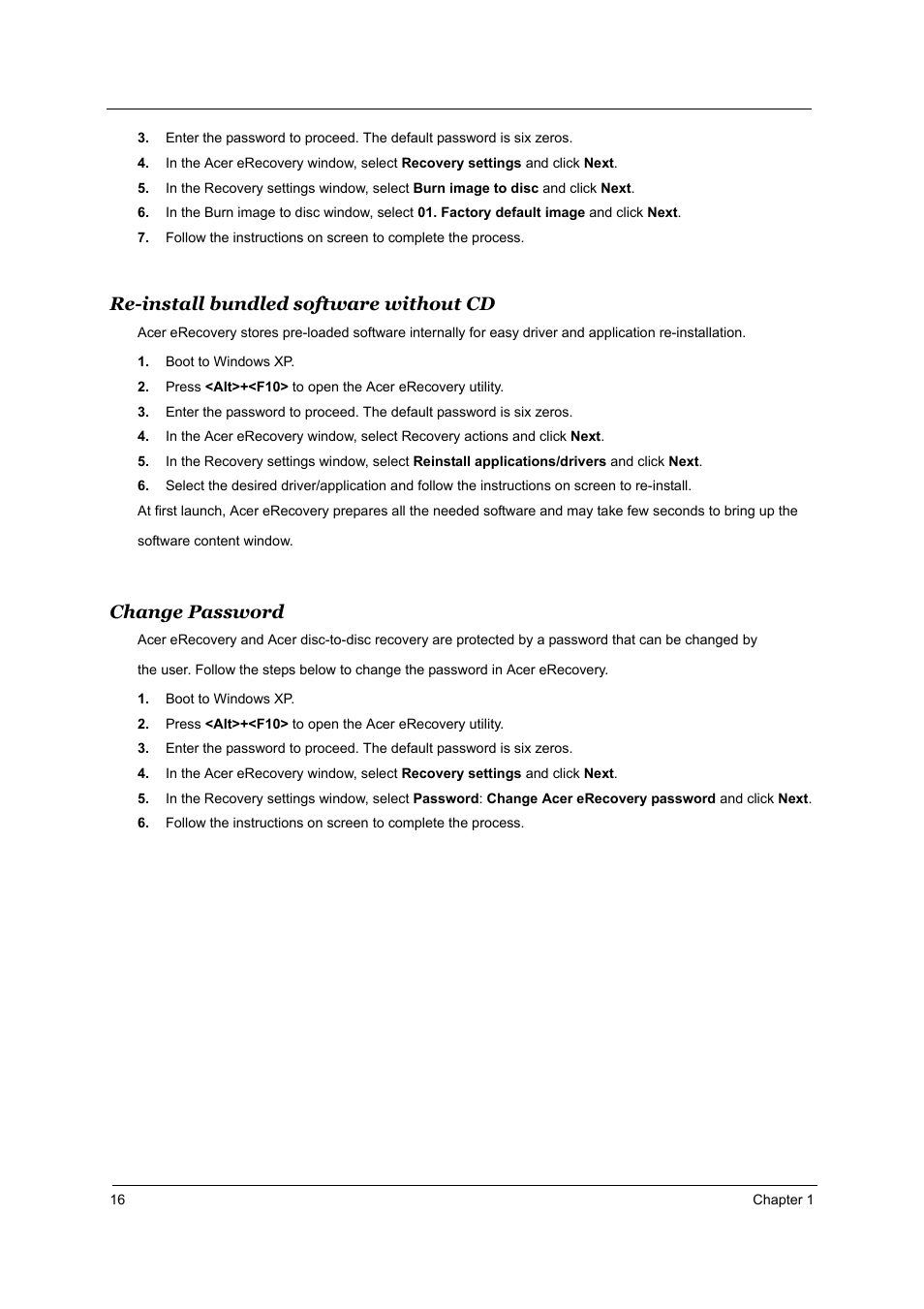 Re-install bundled software without cd, Change password | Acer Aspire T160 User Manual | Page 25 / 164