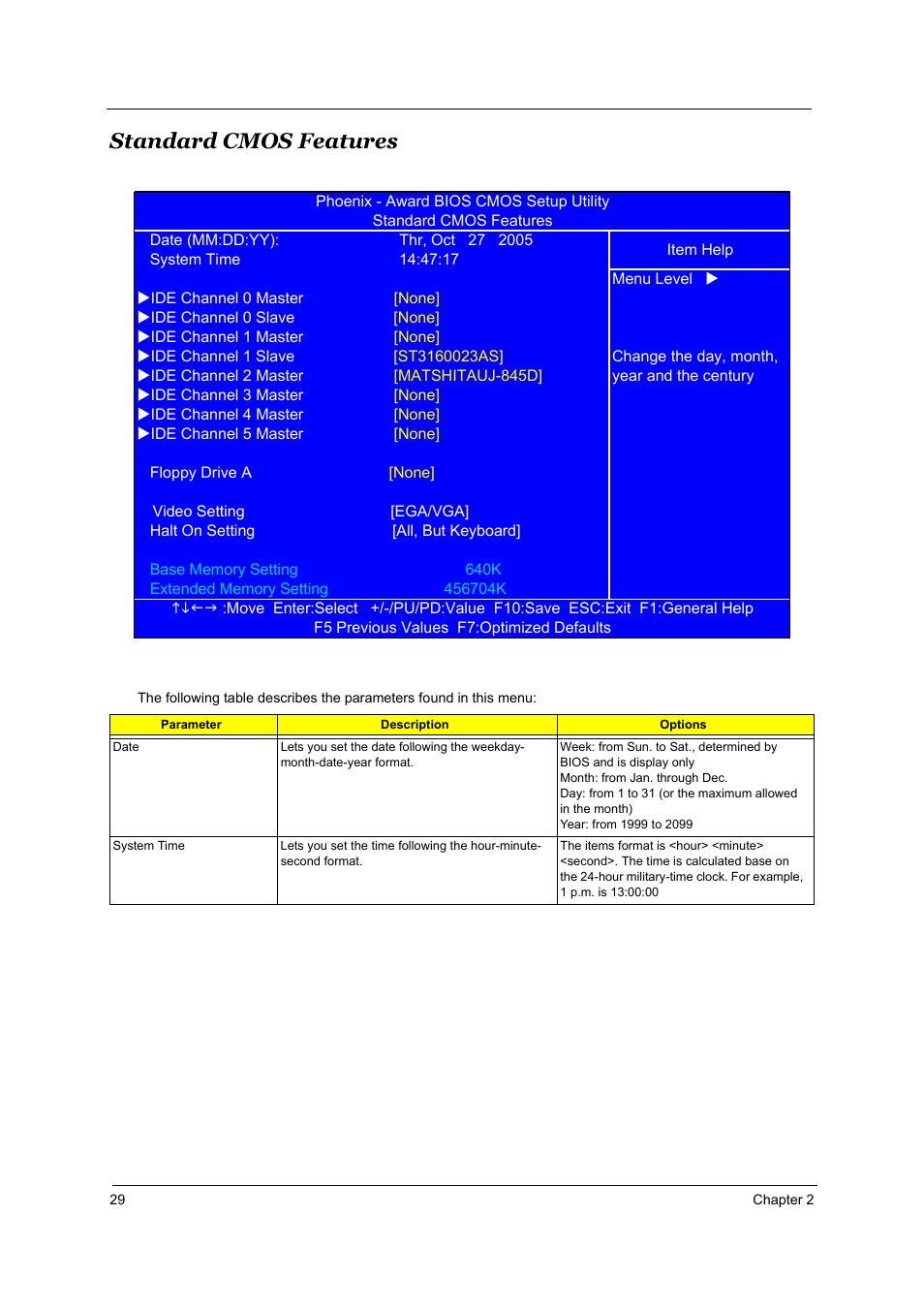 Standard cmos features | Acer Aspire T160 User Manual | Page 38 / 164