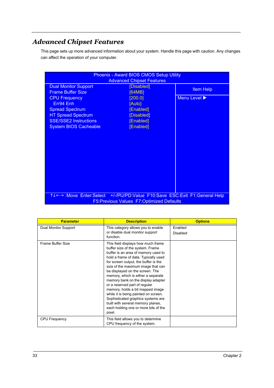 Advanced chipset features | Acer Aspire T160 User Manual | Page 42 / 164