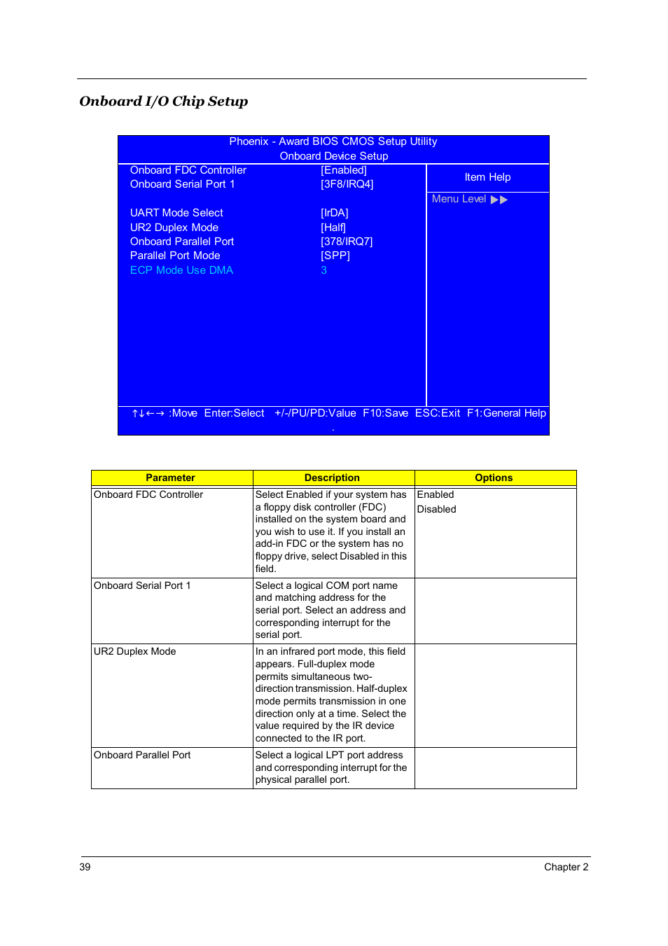 Onboard i/o chip setup | Acer Aspire T160 User Manual | Page 48 / 164