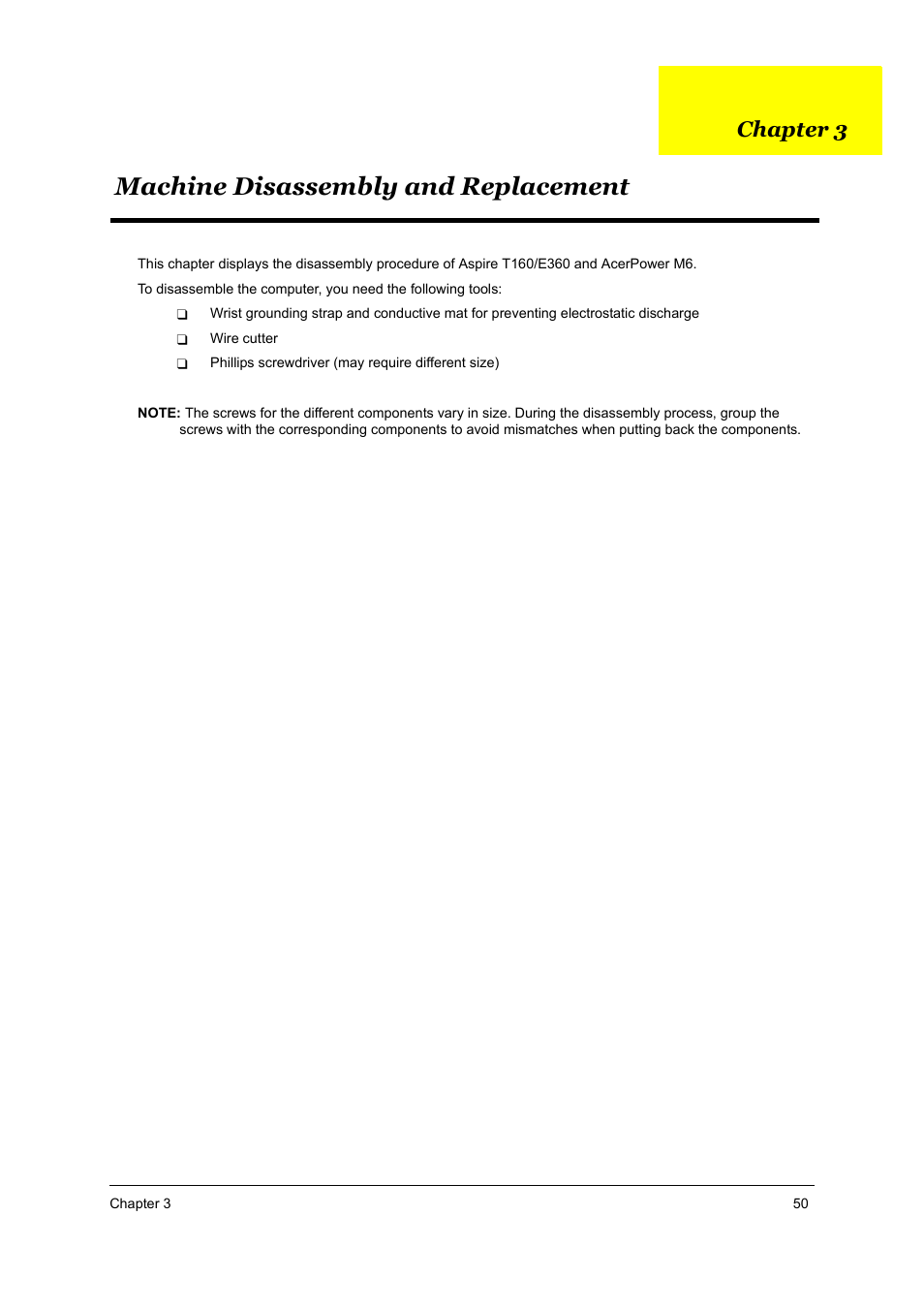 Ch3 machine disassembly and replacement, Machine disassembly and replacement, Chapter 3 | Acer Aspire T160 User Manual | Page 59 / 164