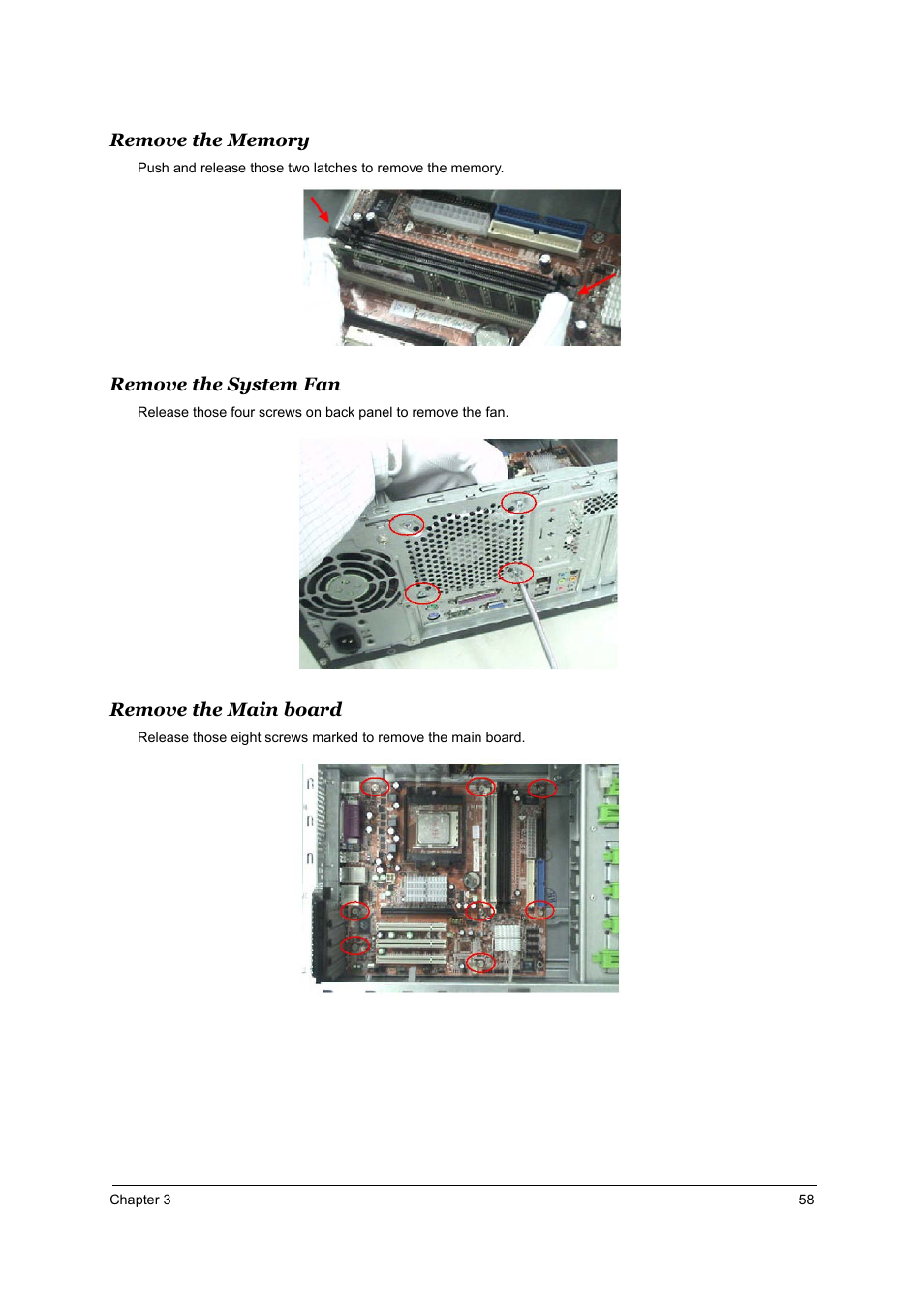 Remove the memory, Remove the system fan, Remove the main board | Acer Aspire T160 User Manual | Page 67 / 164