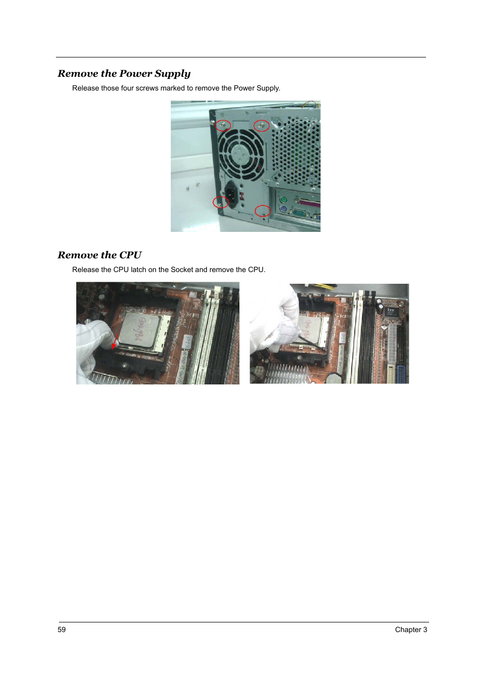 Remove the power supply, Remove the cpu | Acer Aspire T160 User Manual | Page 68 / 164