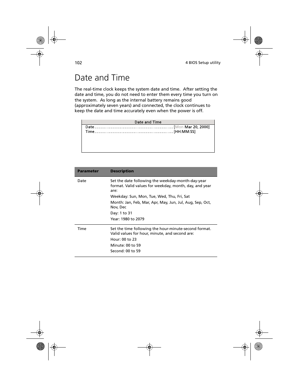 Date and time | Acer Altos G610 User Manual | Page 112 / 156