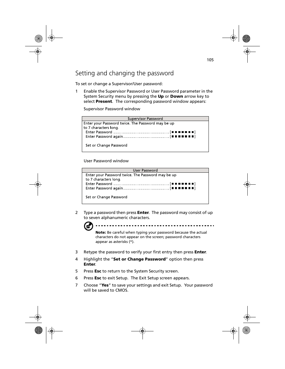 Setting and changing the password | Acer Altos G610 User Manual | Page 115 / 156