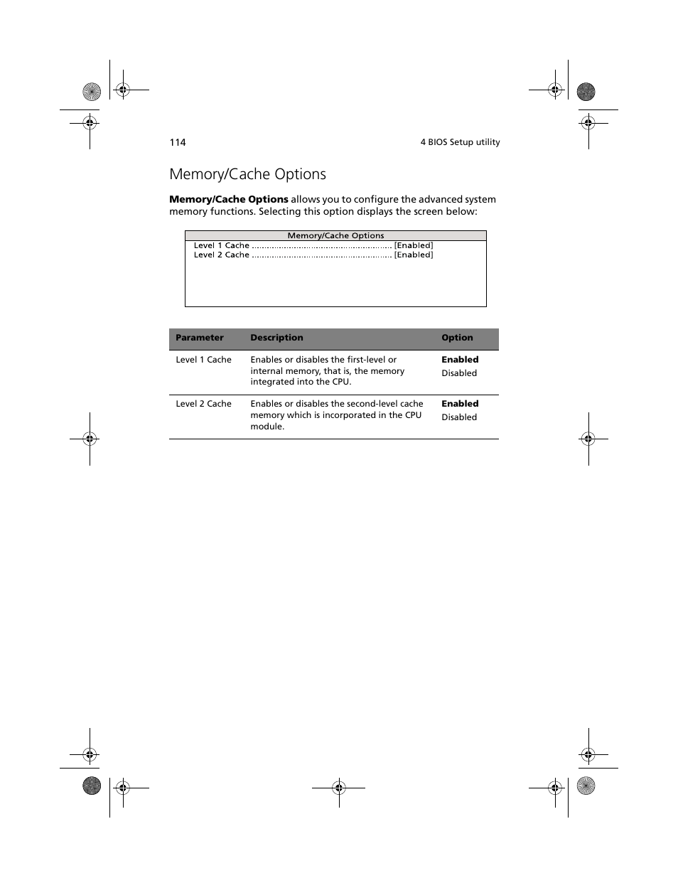 Memory/cache options | Acer Altos G610 User Manual | Page 124 / 156