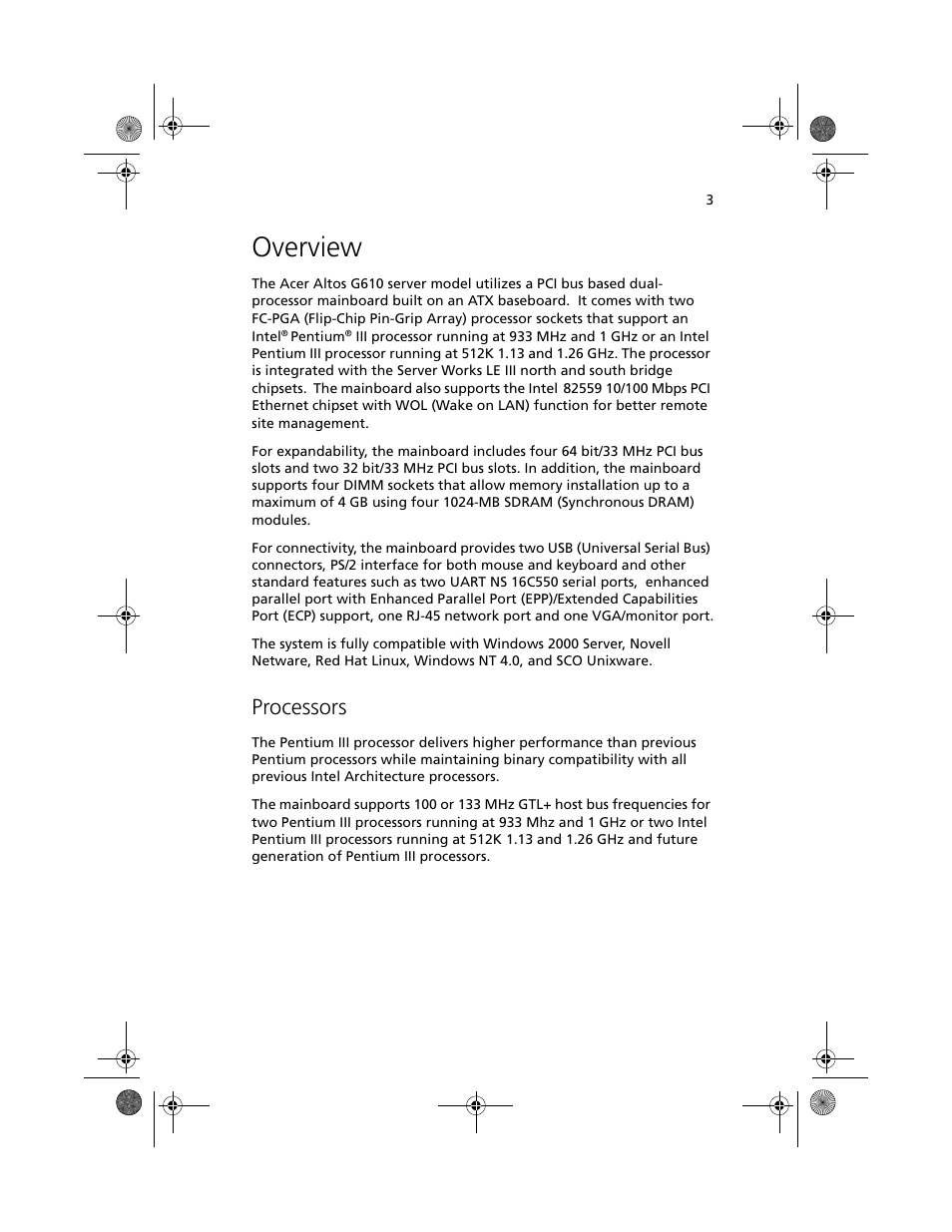 Overview, Processors | Acer Altos G610 User Manual | Page 13 / 156