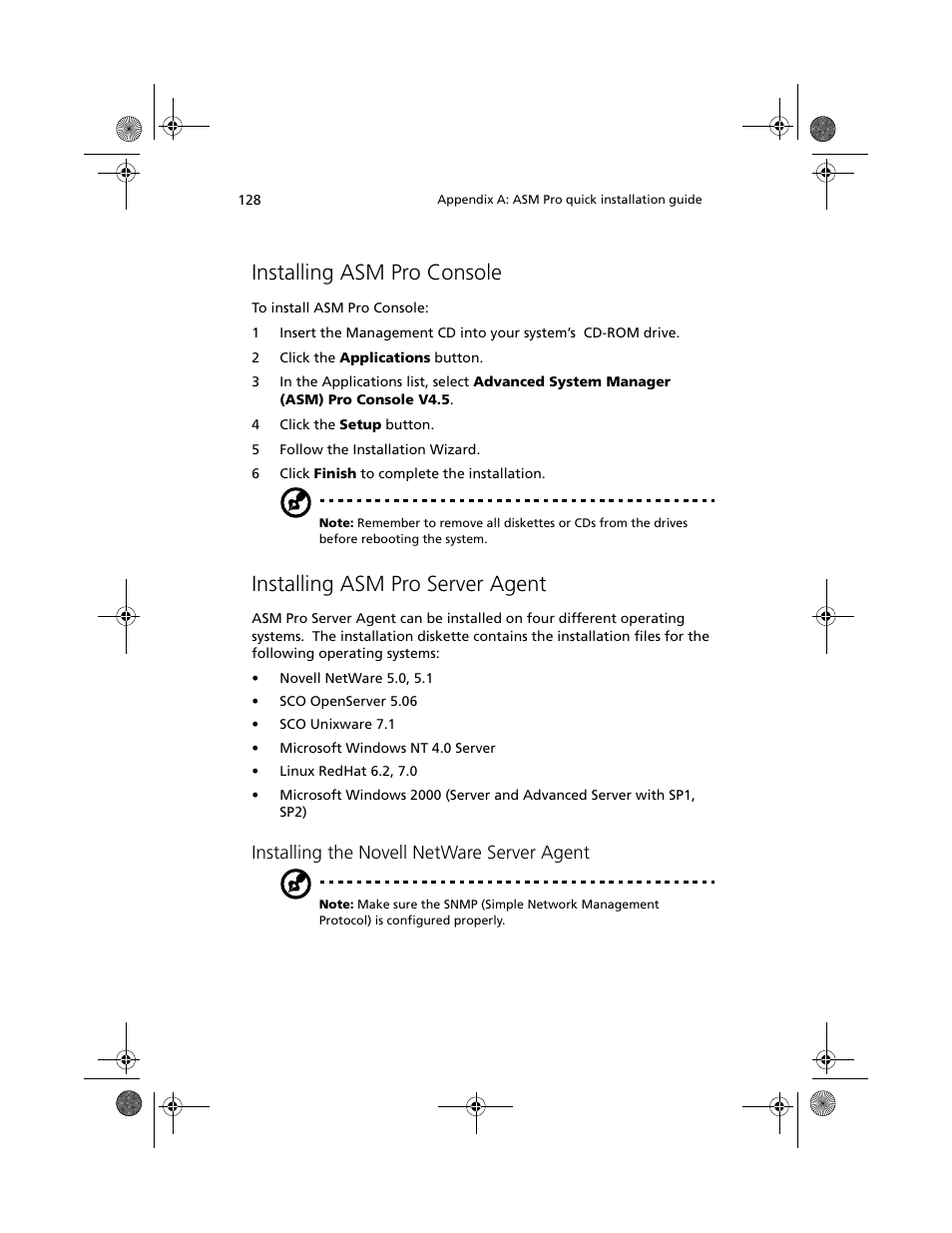 Installing asm pro console, Installing asm pro server agent, Installing the novell netware server agent | Acer Altos G610 User Manual | Page 138 / 156