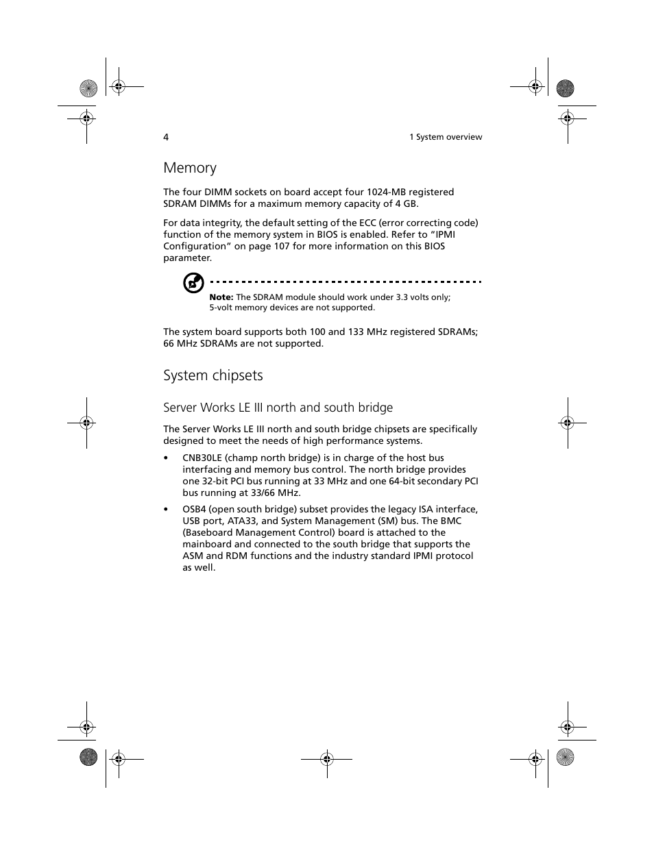 Memory, System chipsets | Acer Altos G610 User Manual | Page 14 / 156