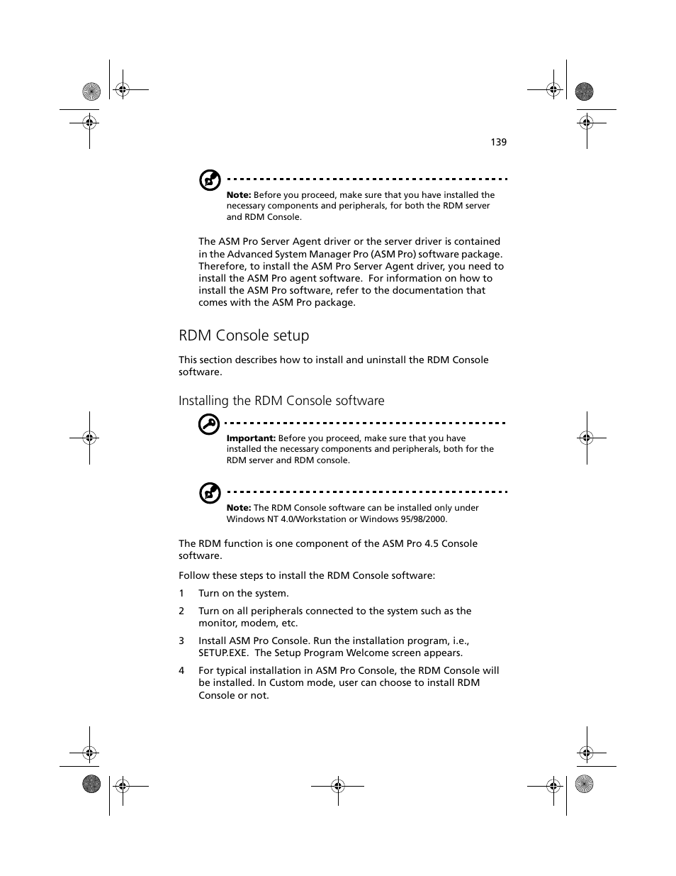 Rdm console setup, Installing the rdm console software | Acer Altos G610 User Manual | Page 149 / 156