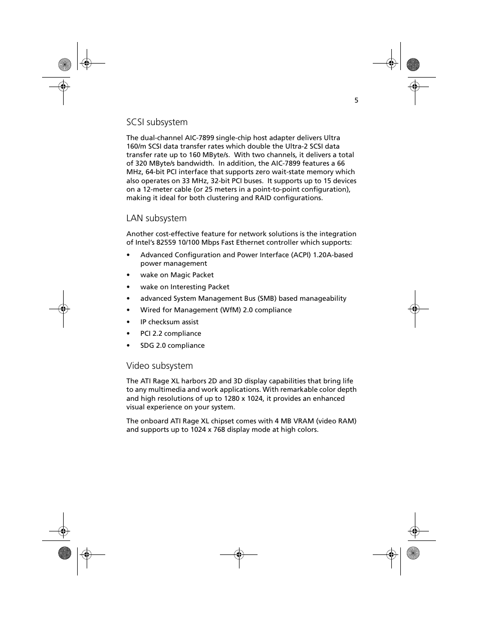 Scsi subsystem, Lan subsystem, Video subsystem | Acer Altos G610 User Manual | Page 15 / 156