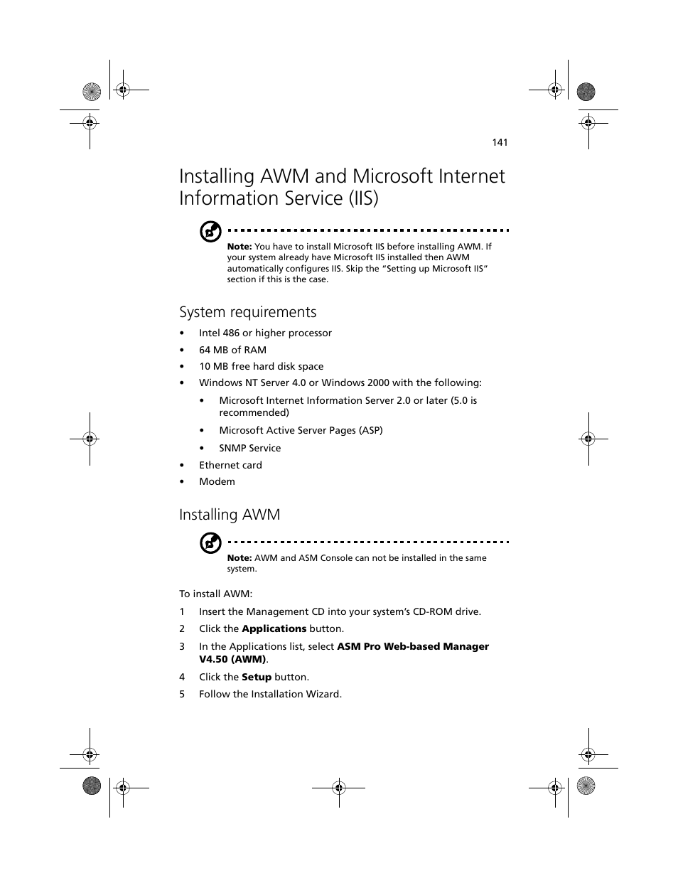 System requirements, Installing awm | Acer Altos G610 User Manual | Page 151 / 156