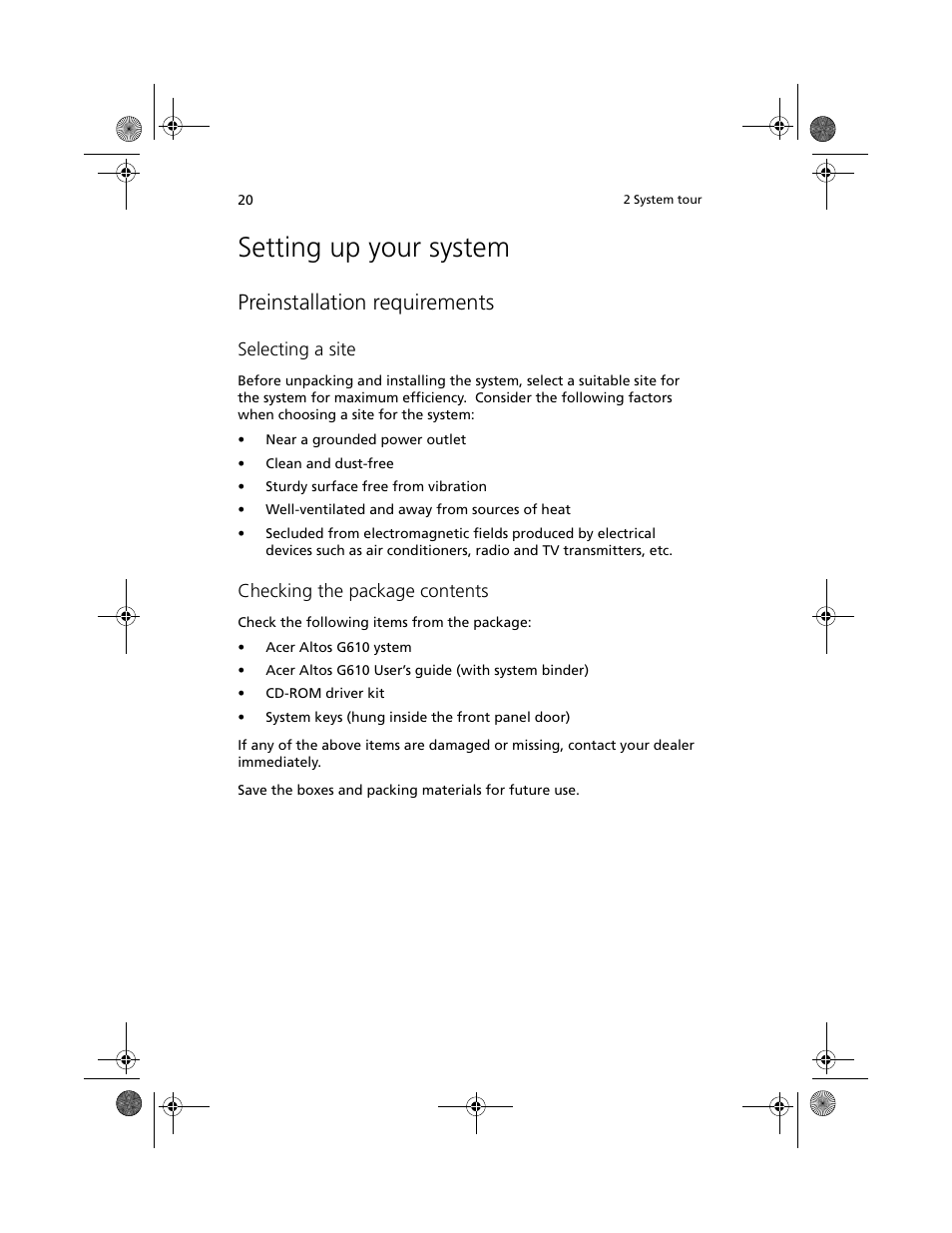 Setting up your system, Preinstallation requirements | Acer Altos G610 User Manual | Page 30 / 156