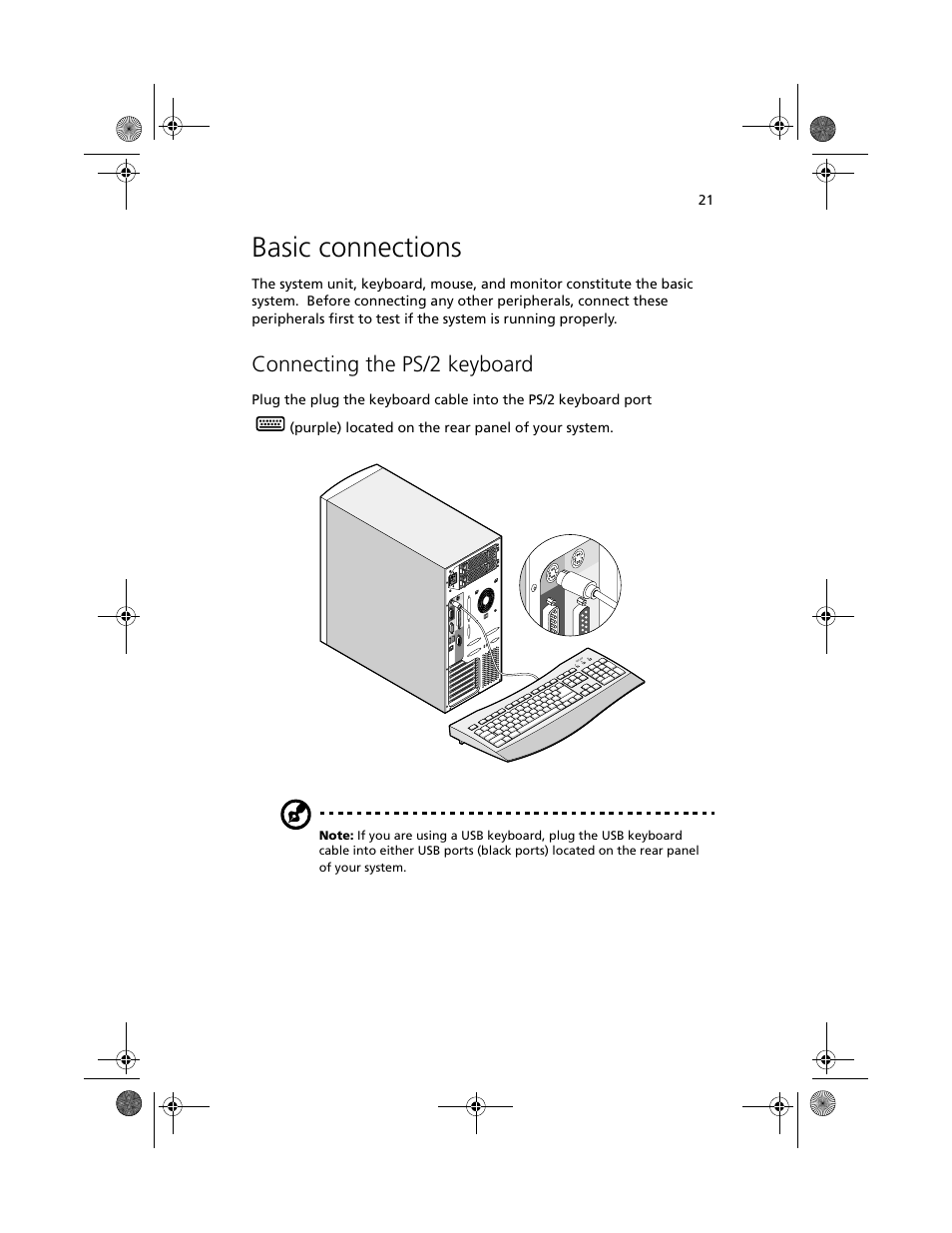 Basic connections, Connecting the ps/2 keyboard | Acer Altos G610 User Manual | Page 31 / 156