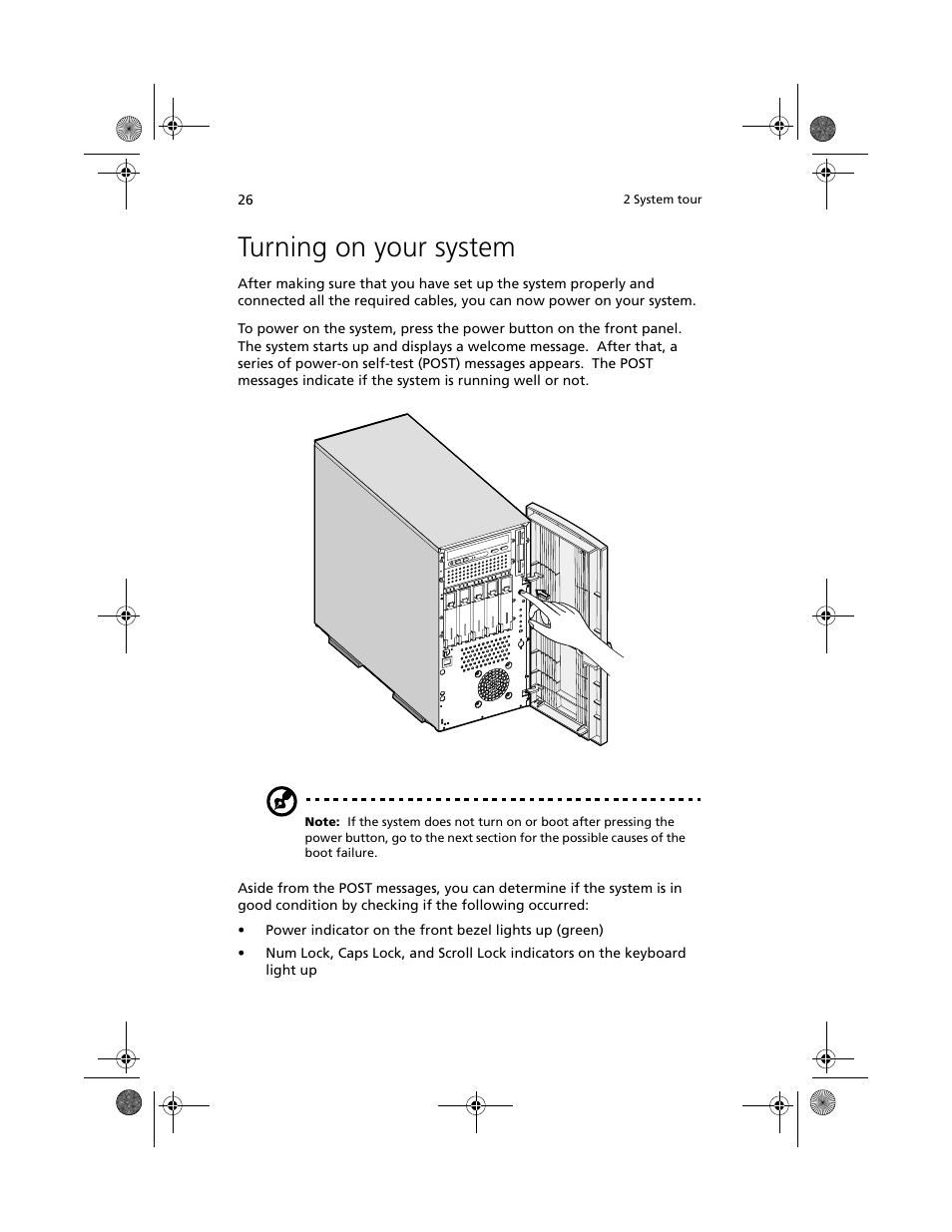 Turning on your system | Acer Altos G610 User Manual | Page 36 / 156