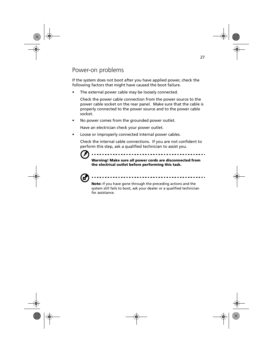 Power-on problems | Acer Altos G610 User Manual | Page 37 / 156