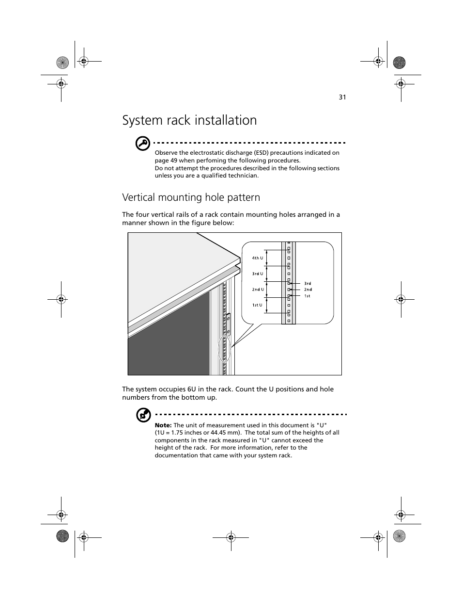 System rack installation, Vertical mounting hole pattern | Acer Altos G610 User Manual | Page 41 / 156