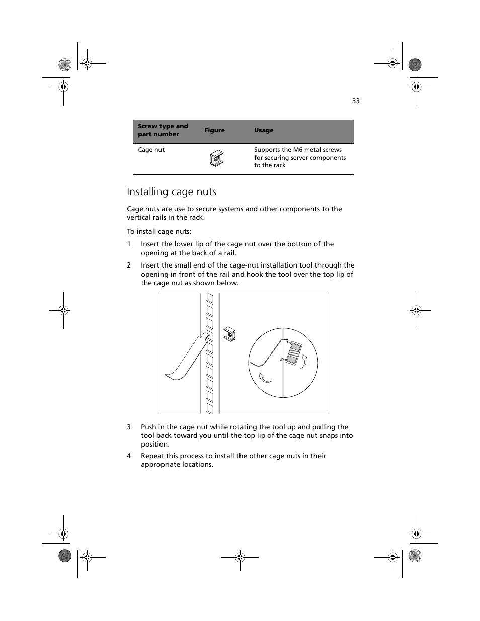 Installing cage nuts | Acer Altos G610 User Manual | Page 43 / 156