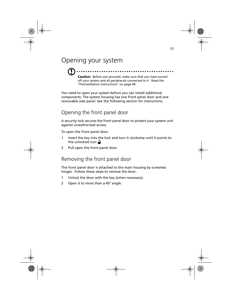 Opening your system, Opening the front panel door, Removing the front panel door | Acer Altos G610 User Manual | Page 61 / 156