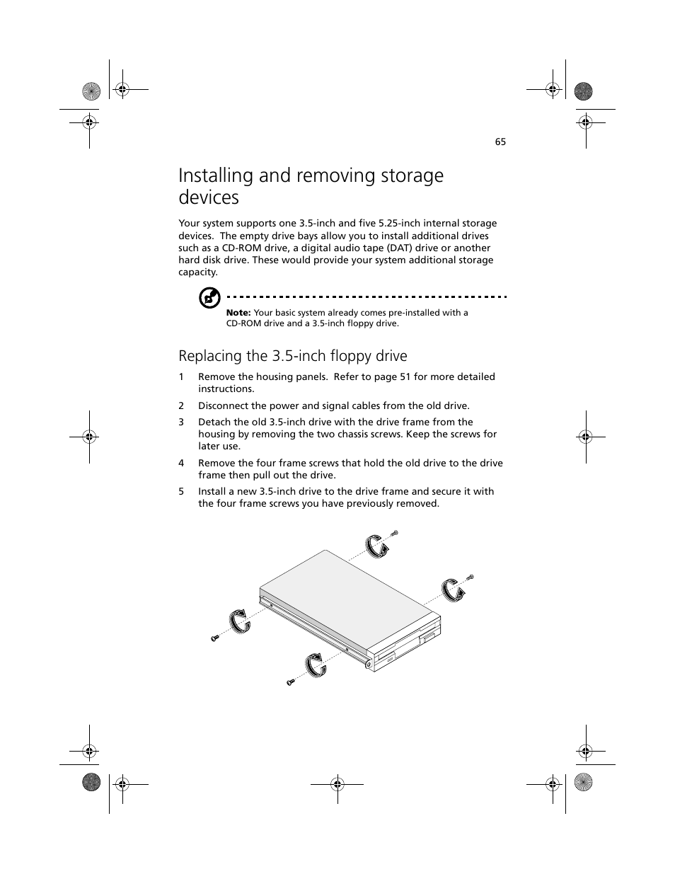 Installing and removing storage devices, Replacing the 3.5-inch floppy drive | Acer Altos G610 User Manual | Page 75 / 156