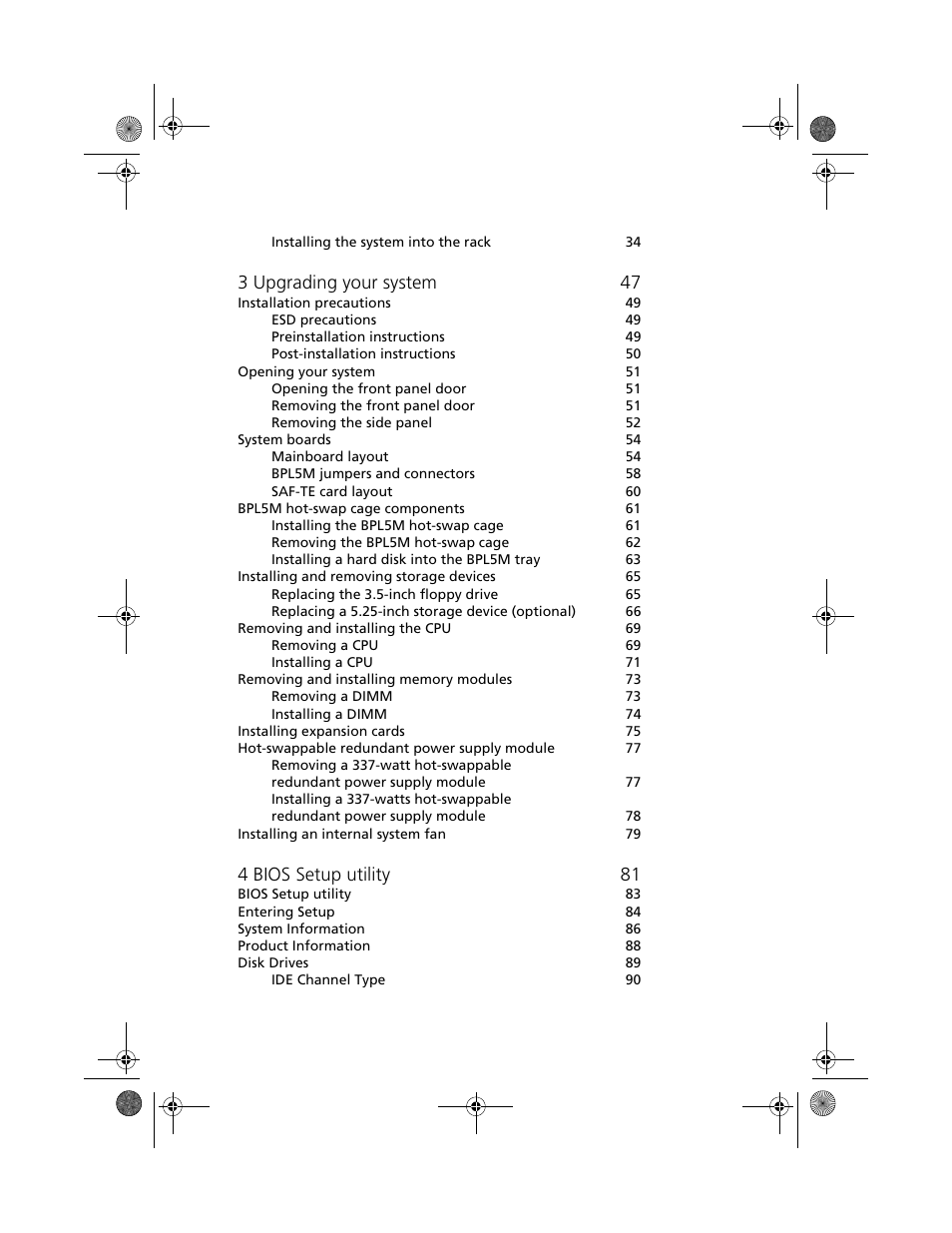 3 upgrading your system 47, 4 bios setup utility 81 | Acer Altos G610 User Manual | Page 8 / 156