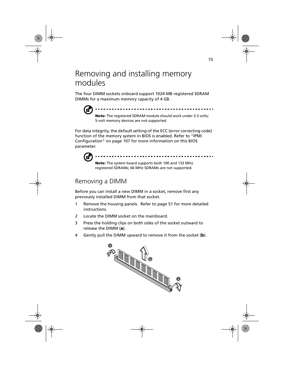 Removing and installing memory modules, Removing a dimm | Acer Altos G610 User Manual | Page 83 / 156