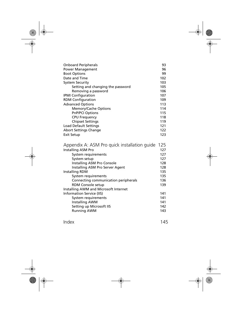 Appendix a: asm pro quick installation guide 125, Index 145 | Acer Altos G610 User Manual | Page 9 / 156