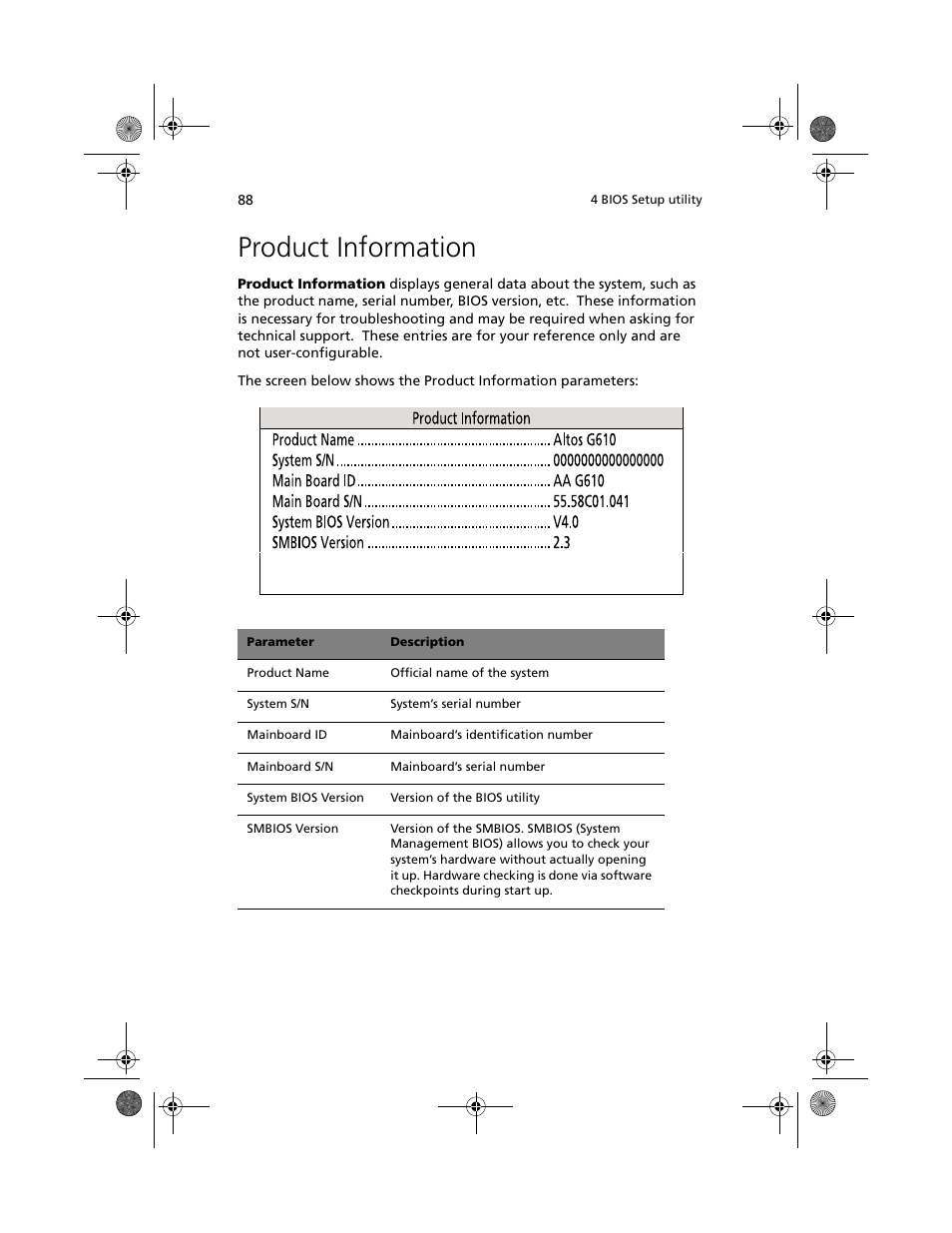 Product information | Acer Altos G610 User Manual | Page 98 / 156