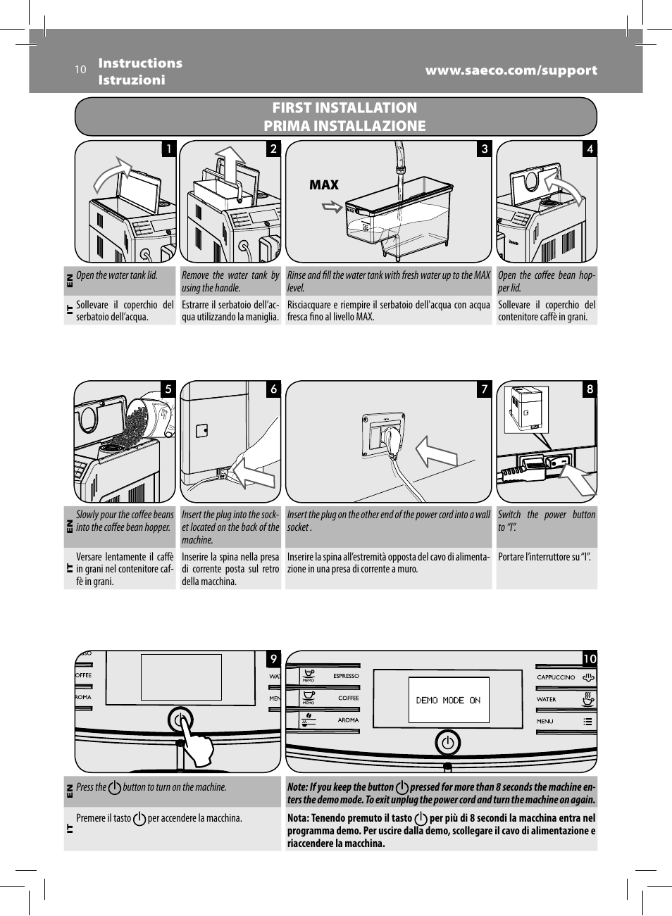 First installation prima installazione | Philips Saeco Minuto Machine espresso Super Automatique User Manual | Page 10 / 72