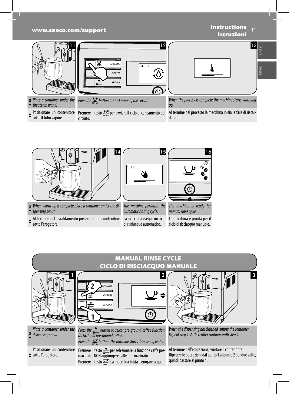 Manual rinse cycle ciclo di risciacquo manuale | Philips Saeco Minuto Machine espresso Super Automatique User Manual | Page 11 / 72