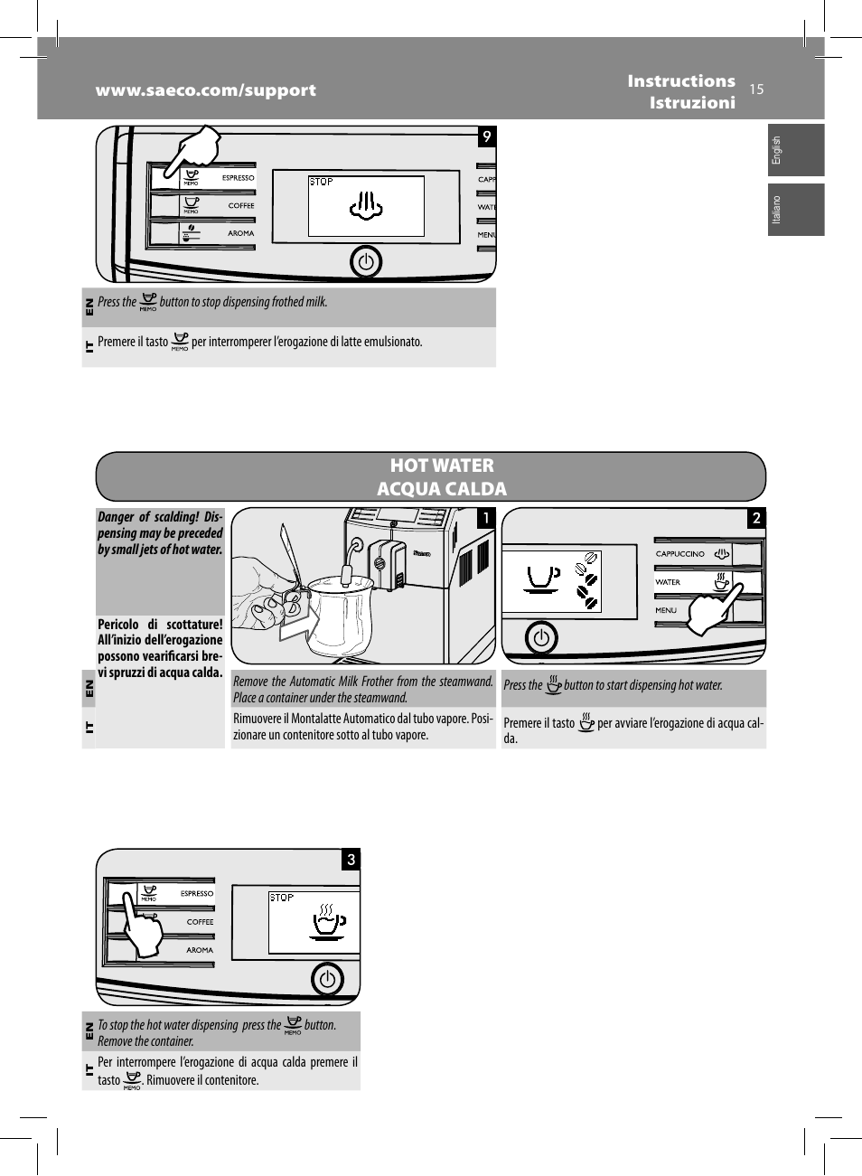 Hot water acqua calda | Philips Saeco Minuto Machine espresso Super Automatique User Manual | Page 15 / 72