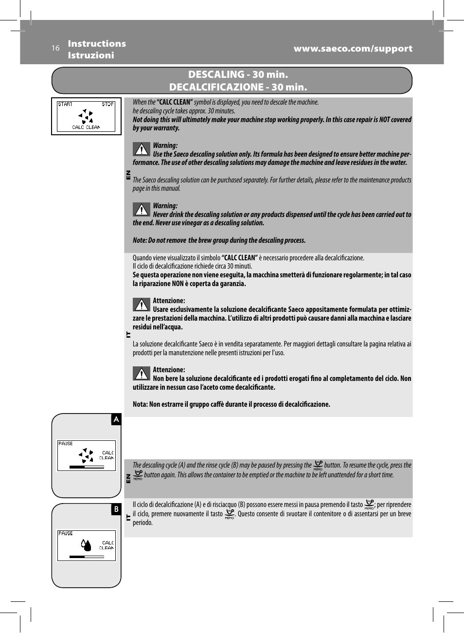 Descaling - 30 min. decalcificazione - 30 min | Philips Saeco Minuto Machine espresso Super Automatique User Manual | Page 16 / 72