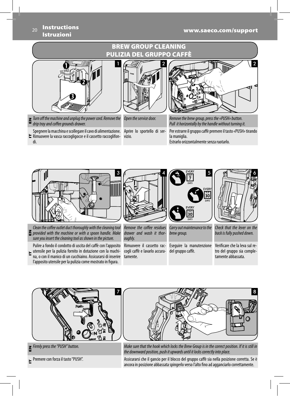 Brew group cleaning pulizia del gruppo caffè | Philips Saeco Minuto Machine espresso Super Automatique User Manual | Page 20 / 72