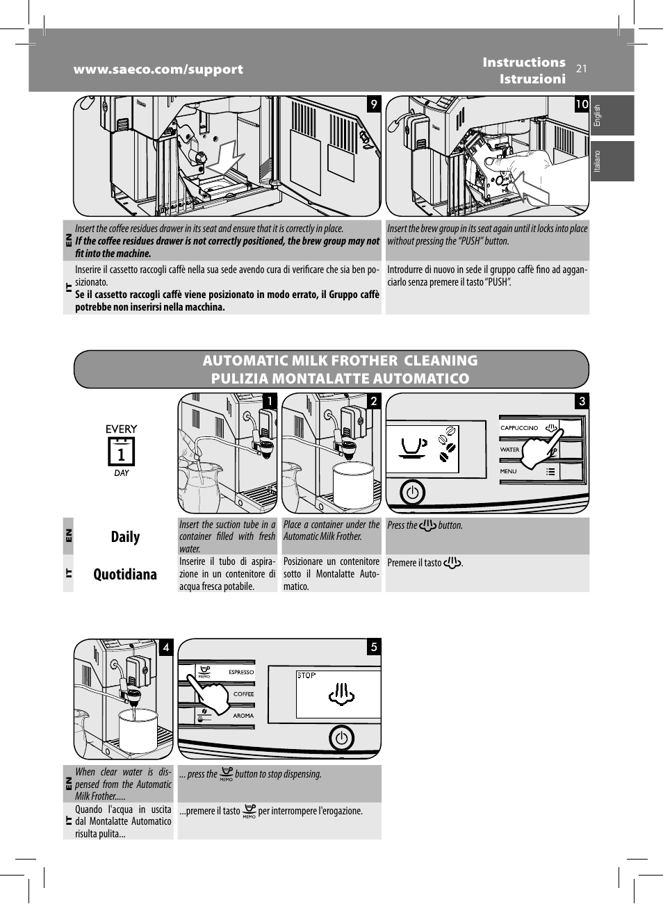 Daily, Quotidiana | Philips Saeco Minuto Machine espresso Super Automatique User Manual | Page 21 / 72