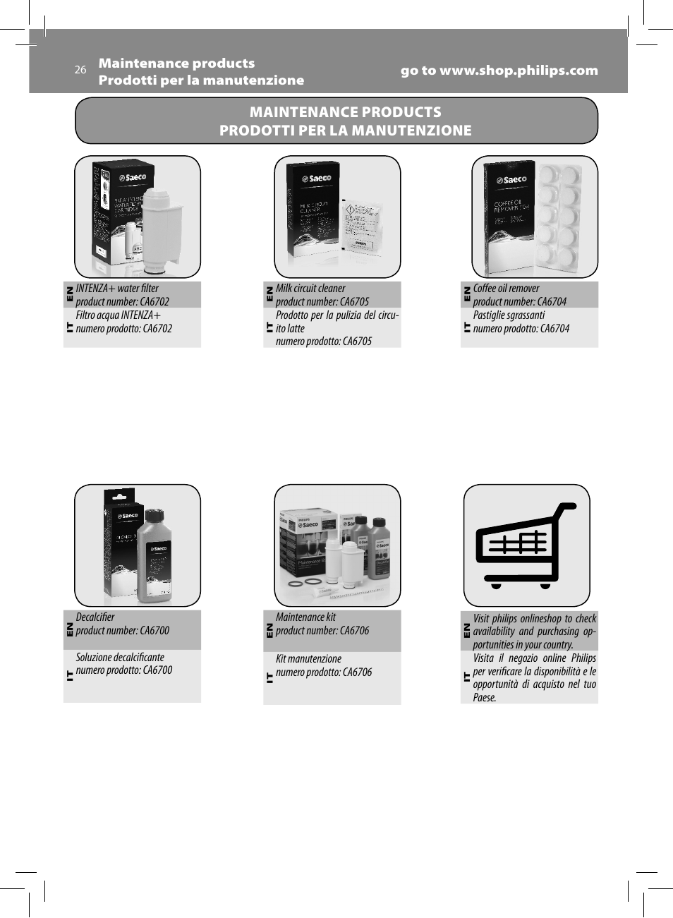Maintenance products prodotti per la manutenzione | Philips Saeco Minuto Machine espresso Super Automatique User Manual | Page 26 / 72
