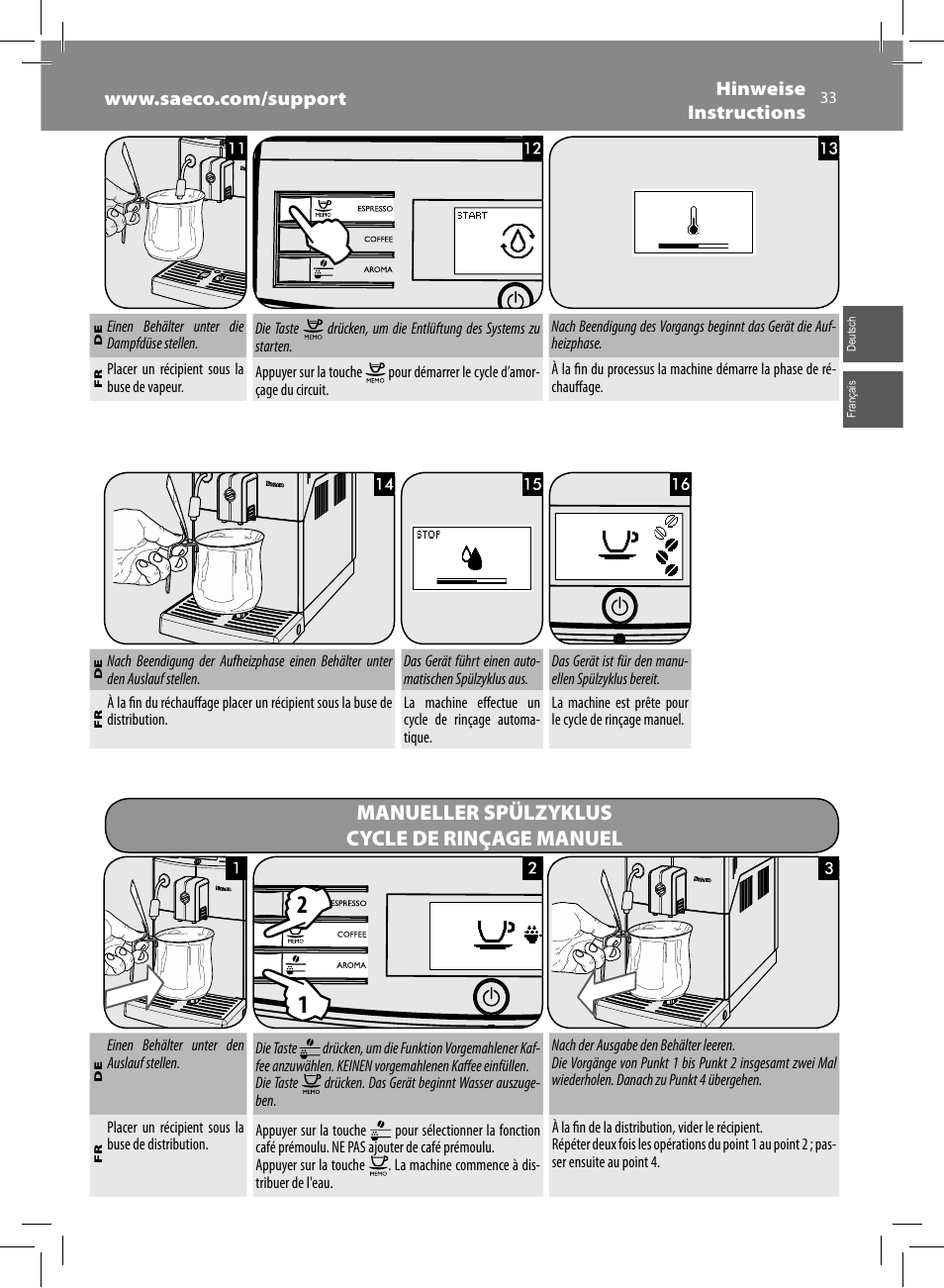 Manueller spülzyklus cycle de rinçage manuel | Philips Saeco Minuto Machine espresso Super Automatique User Manual | Page 33 / 72