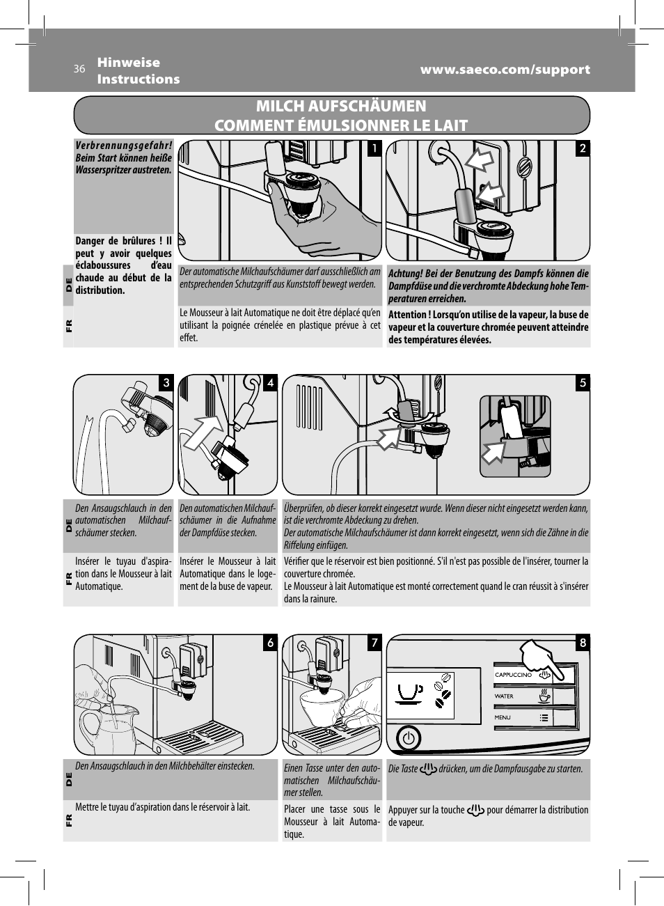 Milch aufschäumen comment émulsionner le lait | Philips Saeco Minuto Machine espresso Super Automatique User Manual | Page 36 / 72