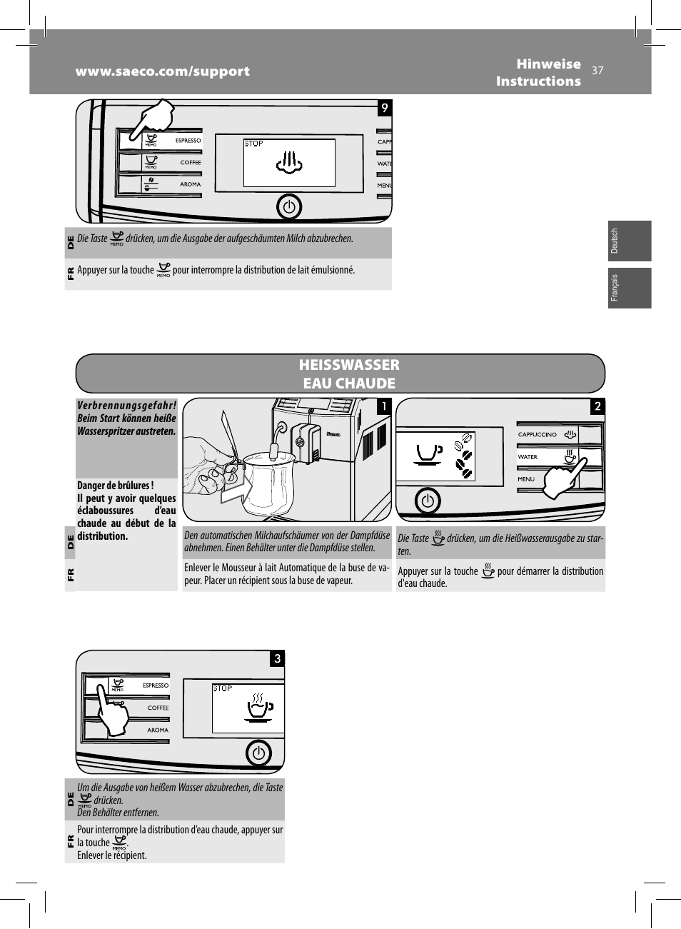 Heisswasser eau chaude | Philips Saeco Minuto Machine espresso Super Automatique User Manual | Page 37 / 72