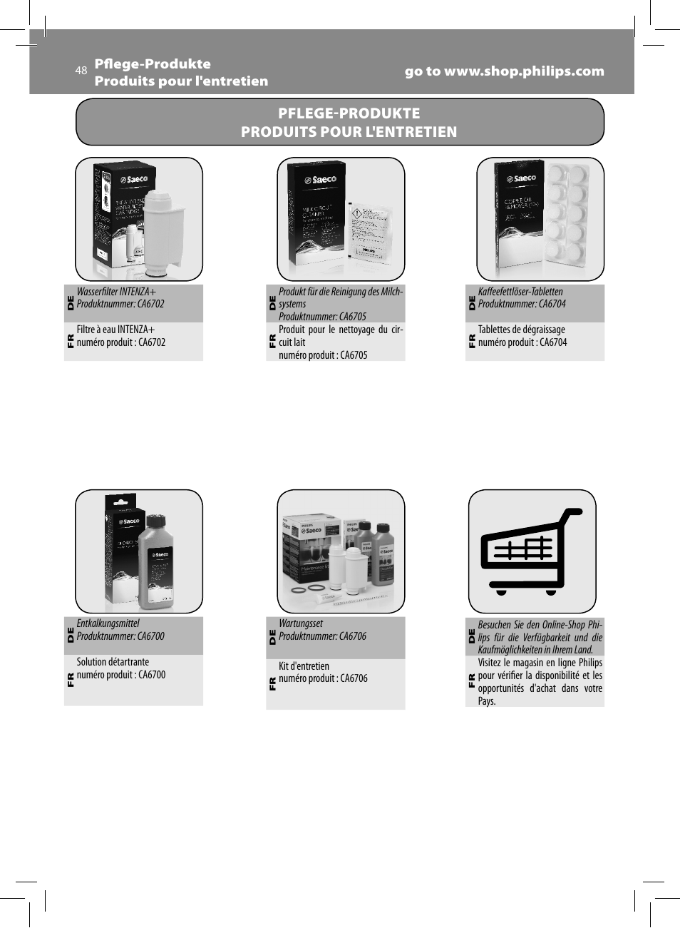 Pflege-produkte produits pour l'entretien | Philips Saeco Minuto Machine espresso Super Automatique User Manual | Page 48 / 72