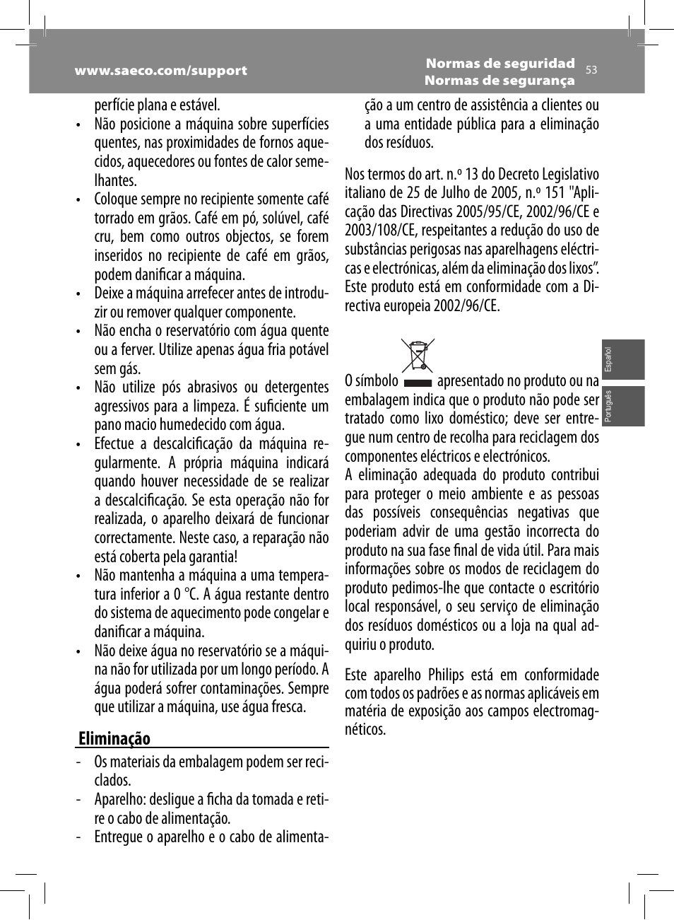 Eliminação | Philips Saeco Minuto Machine espresso Super Automatique User Manual | Page 53 / 72