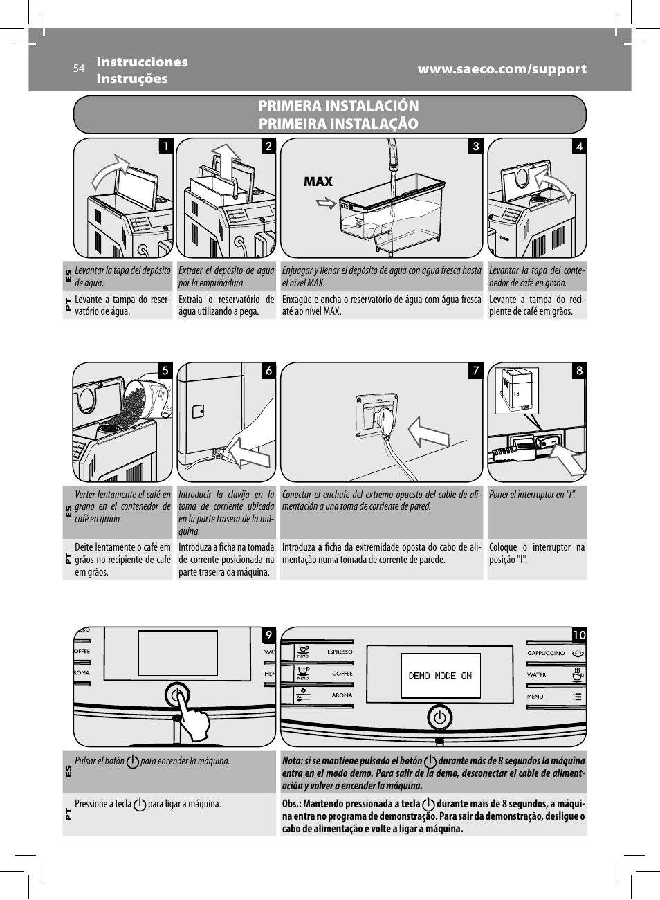 Primera instalación primeira instalação | Philips Saeco Minuto Machine espresso Super Automatique User Manual | Page 54 / 72