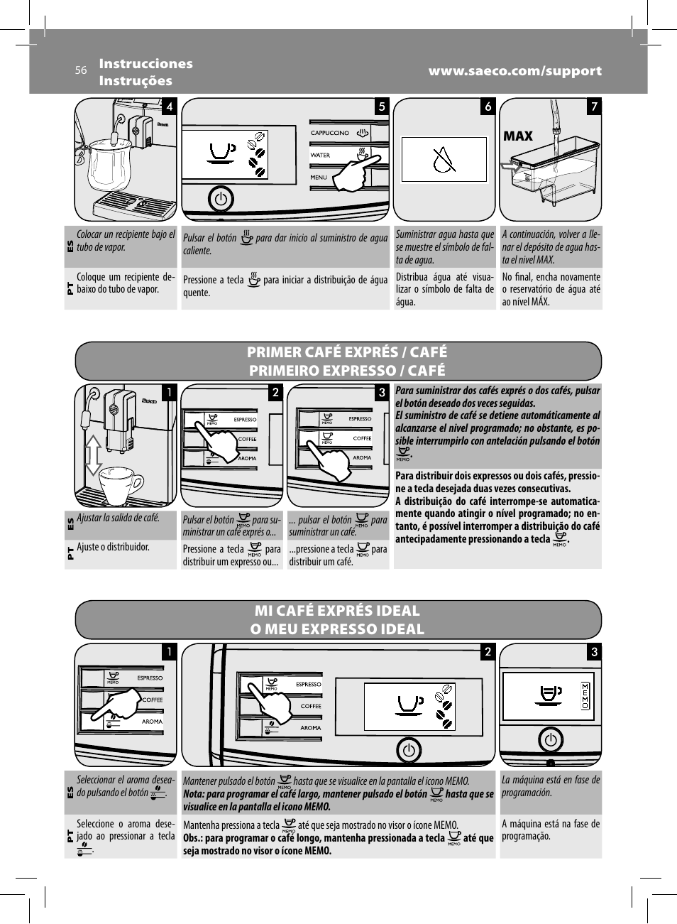 Primer café exprés / café primeiro expresso / café, Mi café exprés ideal o meu expresso ideal | Philips Saeco Minuto Machine espresso Super Automatique User Manual | Page 56 / 72