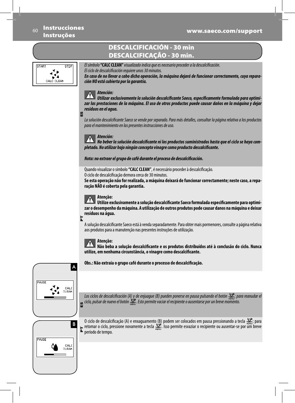 Descalcificación - 30 min descalcificação - 30 min | Philips Saeco Minuto Machine espresso Super Automatique User Manual | Page 60 / 72