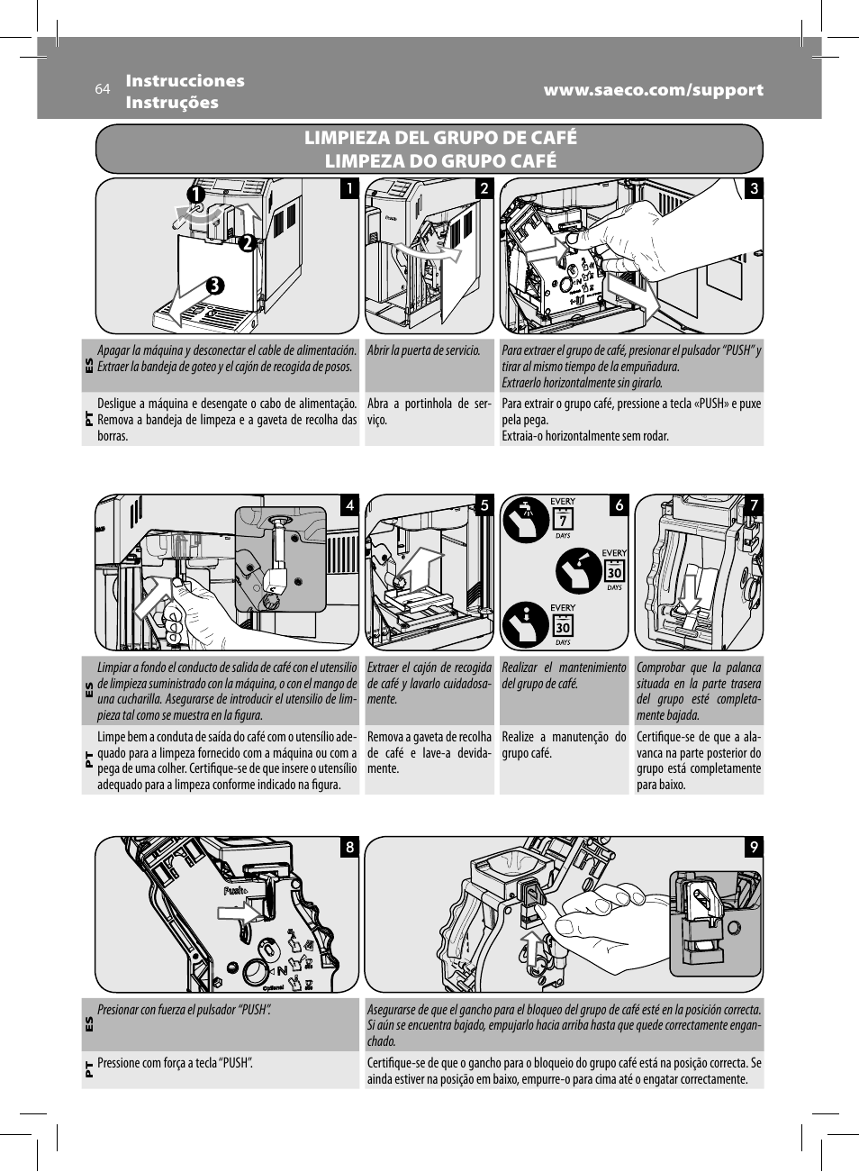 Limpieza del grupo de café limpeza do grupo café | Philips Saeco Minuto Machine espresso Super Automatique User Manual | Page 64 / 72